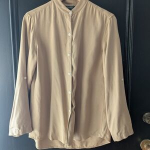 Lauren Ralph Lauren Women's Beige Silk Band Collar Button Up Shirt Women's Sz S